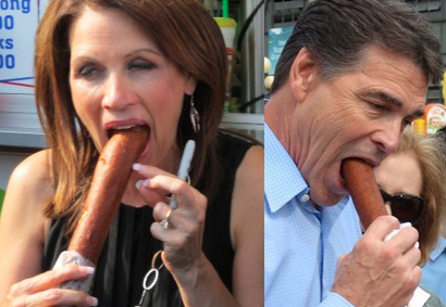 Michelle Bachmann and Rick Perry eat corn dogs in an embarrassing manner