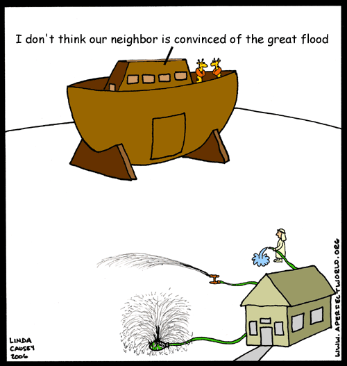 Noah's neighbor sarcastically watering his lawn.