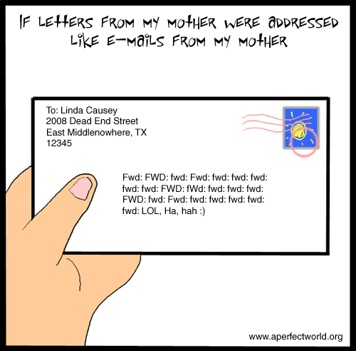 If letters from my mom were addressed like e-mails from my mom. How many forwards can dance in the subject line of an e-mail?