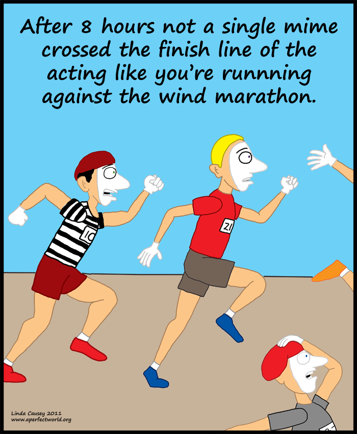 Mimes pretending to run against the wind marathon