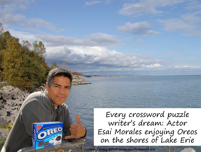 Every crossword puzzle writer's dream: Esai Morales enjoying Oreos on the shores of Lake Erie